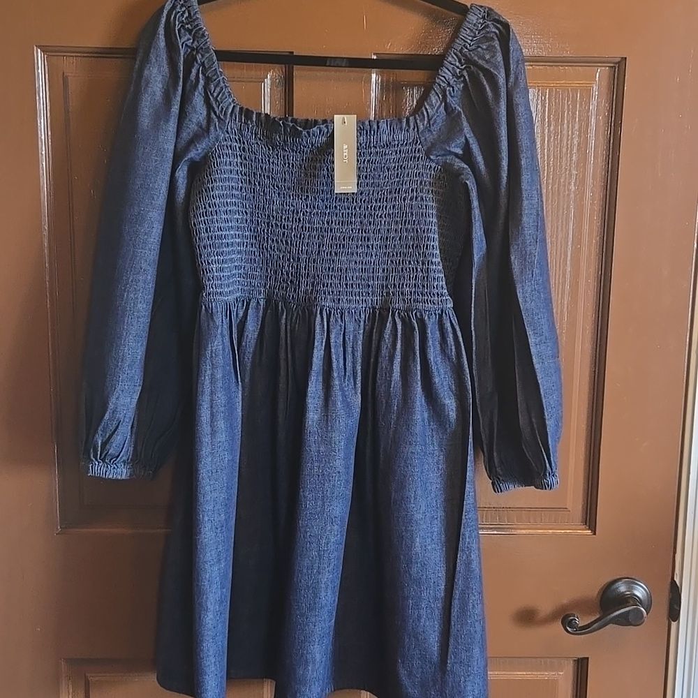 J.Crew-Denim long sleeved elastic bodice square neck dress Sz S. NWT